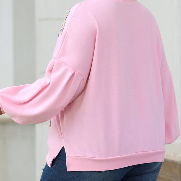 Embroidered Bow Lantern Sleeve Oversized Pullover Sweatshirt Kawaii - Picture 3 of 8